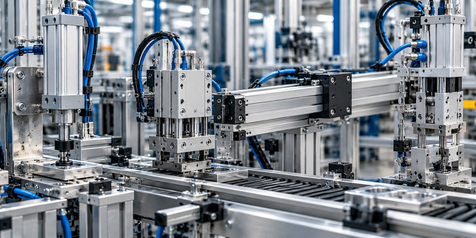 Cilindri pneumatici e attuatori installati su una linea di automazione industriale