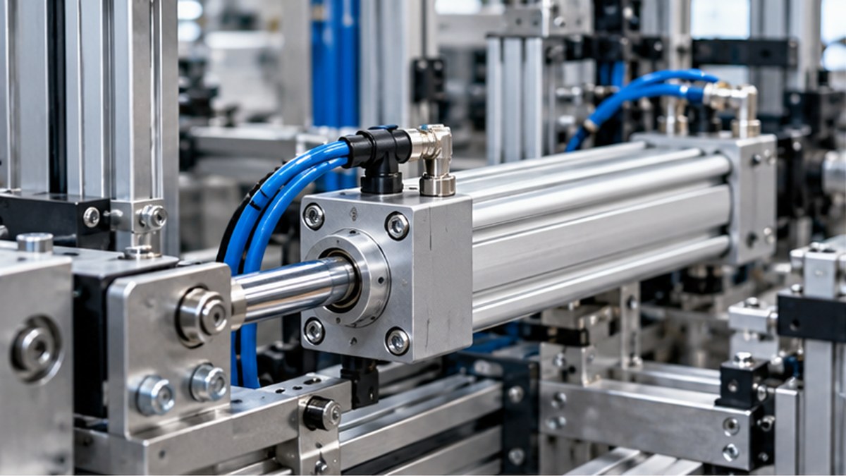 Cilindro pneumatico industriale con corpo profilato e stelo