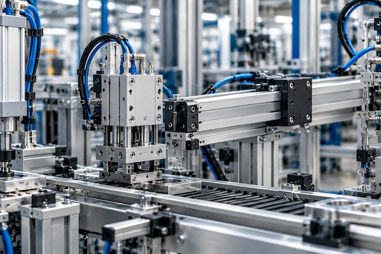 Linea automatica con cilindri pneumatici e componenti di movimentazione