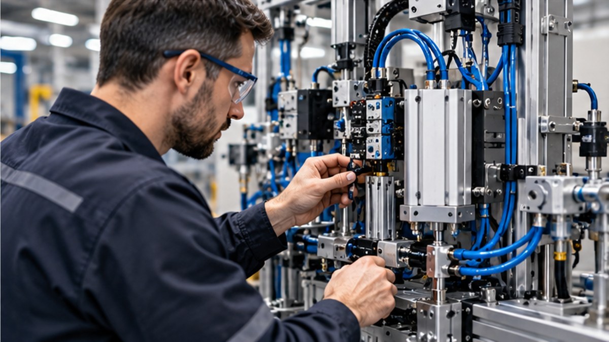 Tecnico durante il controllo di cilindri e valvole pneumatiche