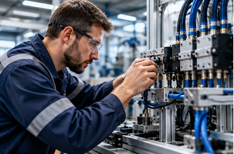 Tecnico durante la regolazione di un gruppo pneumatico industriale